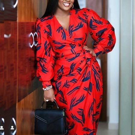 V-neck Long-sleeved High-waist Slim Print Slit Dress