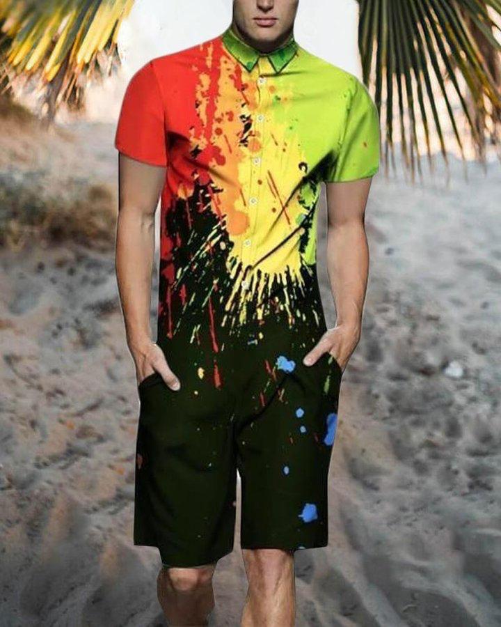 Beach Men's Casual Printed Shorts Shirt Set