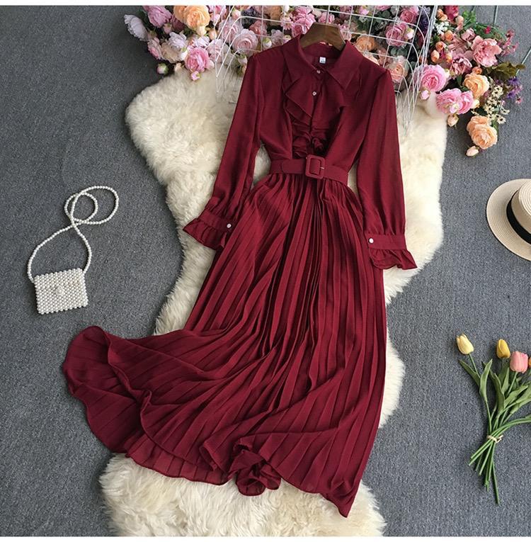 Pleated Solid Color Long-sleeved Lapel Ruffle Dress
