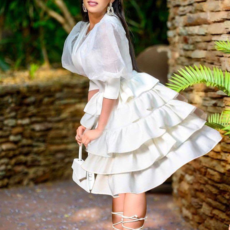 Mesh High Waist Puff Sleeve Cake Puffy Prom Dress