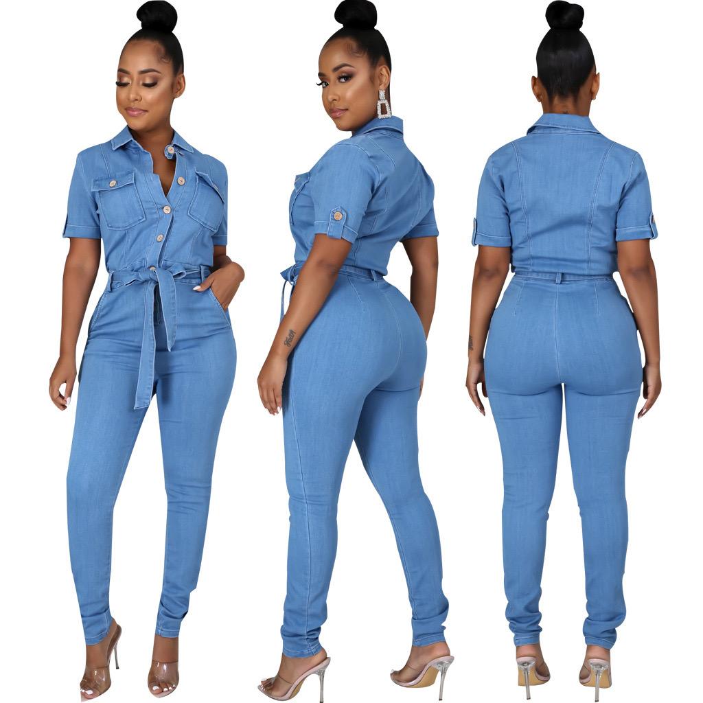 Lapel Short Sleeve Denim Jumpsuit