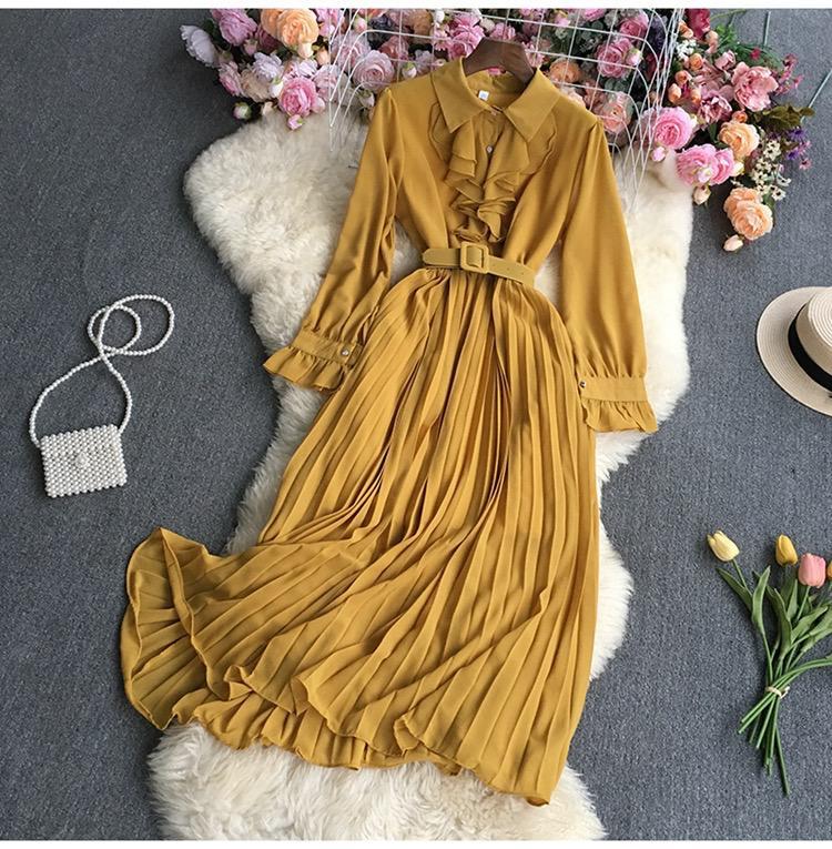 Pleated Solid Color Long-sleeved Lapel Ruffle Dress