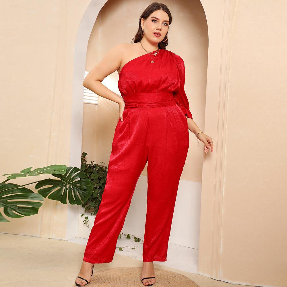 Plus Size Solid Color Single-sleeve Slim-fit Jumpsuit