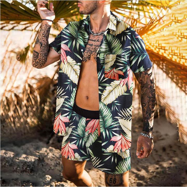 Beach Men's Casual Printed Shorts Shirt Set