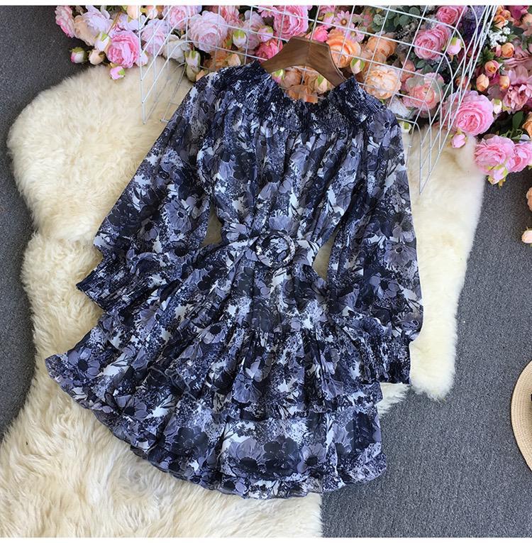Long Puff Sleeve Slim Short Floral Dress With Belt