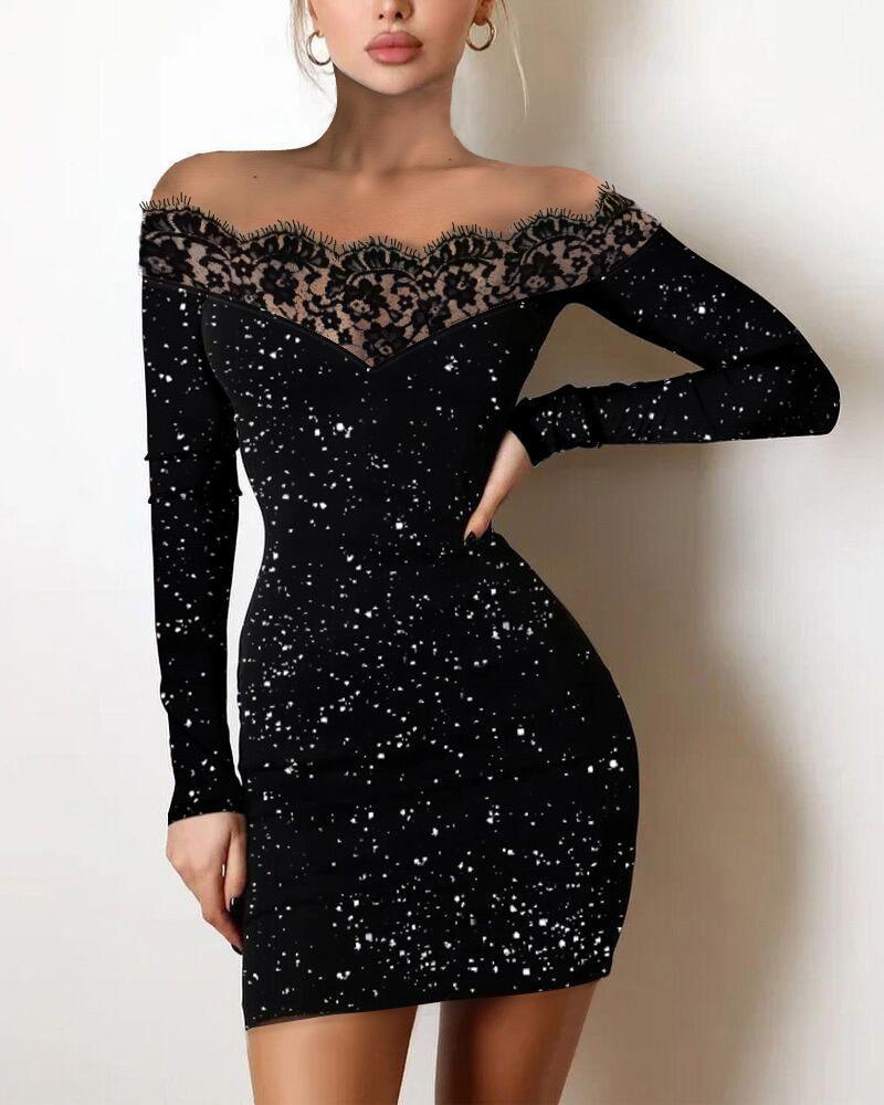 Sequined Off-shoulder Lace Stitching Tight Dress Sequined Off-shoulder Lace Stitching Tight Dress