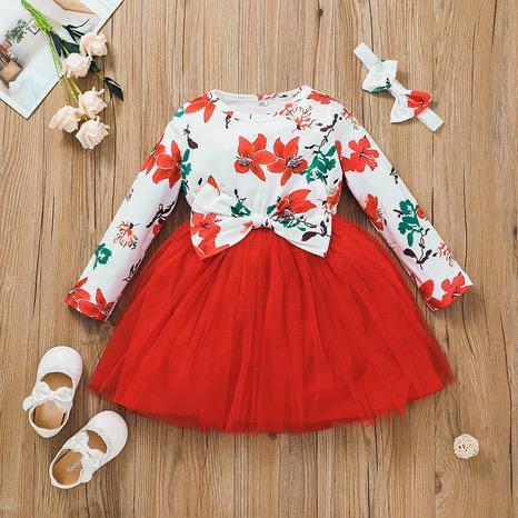 European And American Girls Printed Long-Sleeved Net Yarn Dress 2021 New Autumn