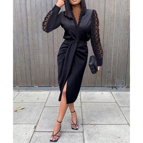 Solid Color Autumn V-Neck Lace Stitching Dress