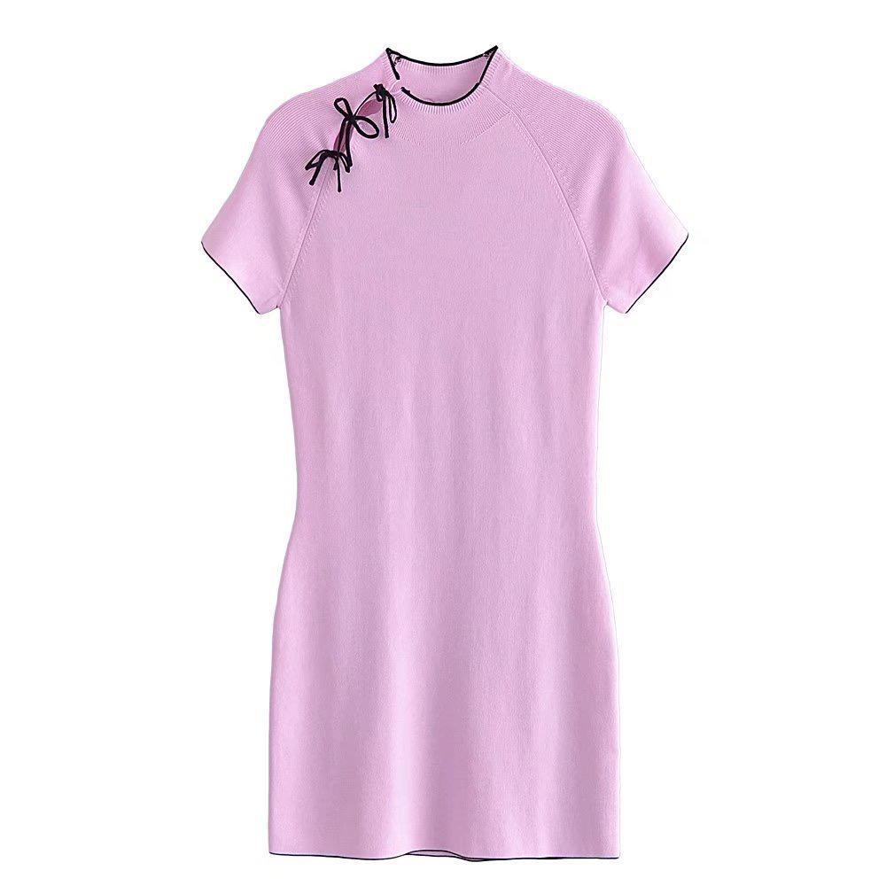 Stitching Bow Knitted Short-sleeved Dress