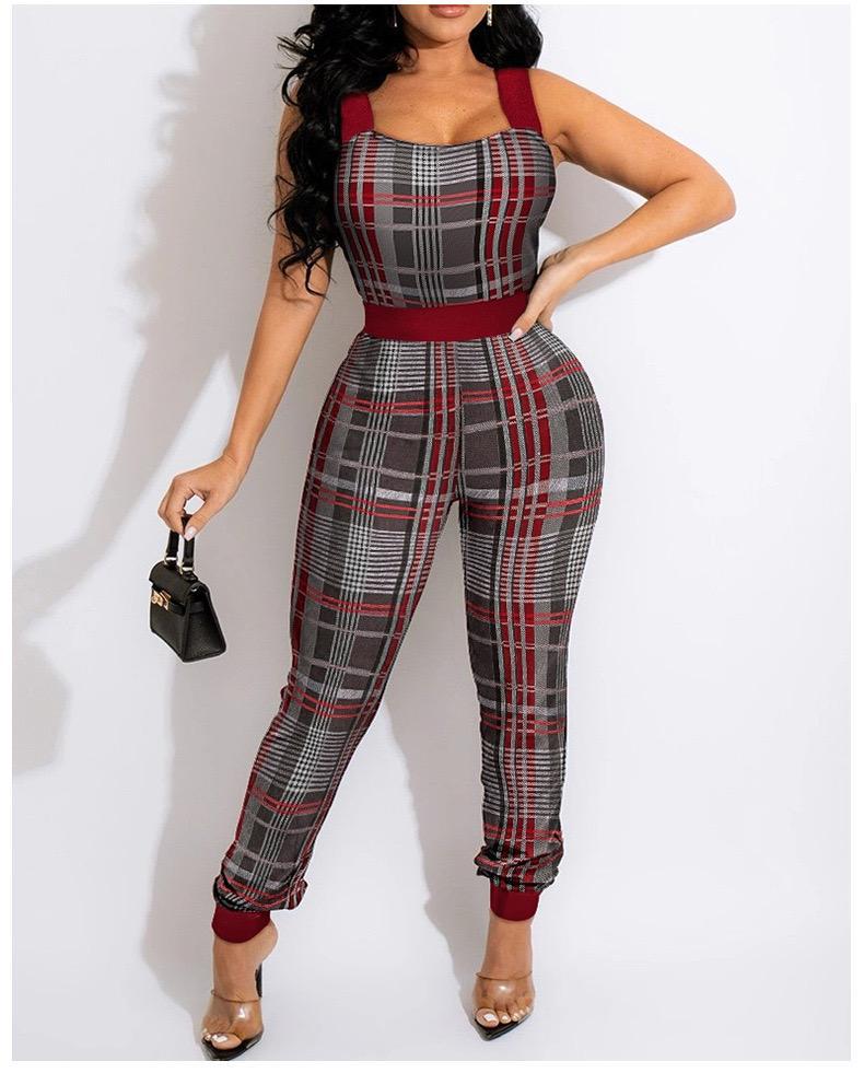 Print Plaid Stripe Waist Suspender Slim 