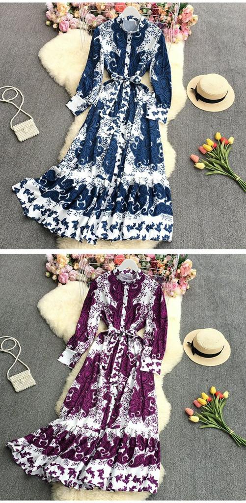 Retro Printed Long-sleeved Large Swing Lace-up Dress