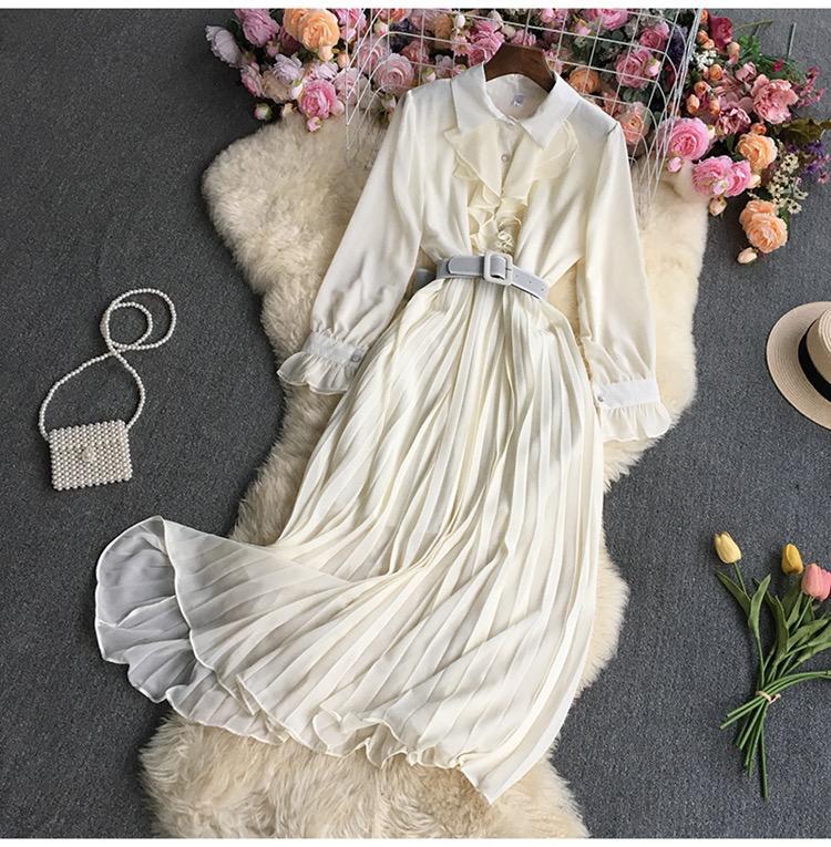 Pleated Solid Color Long-sleeved Lapel Ruffle Dress