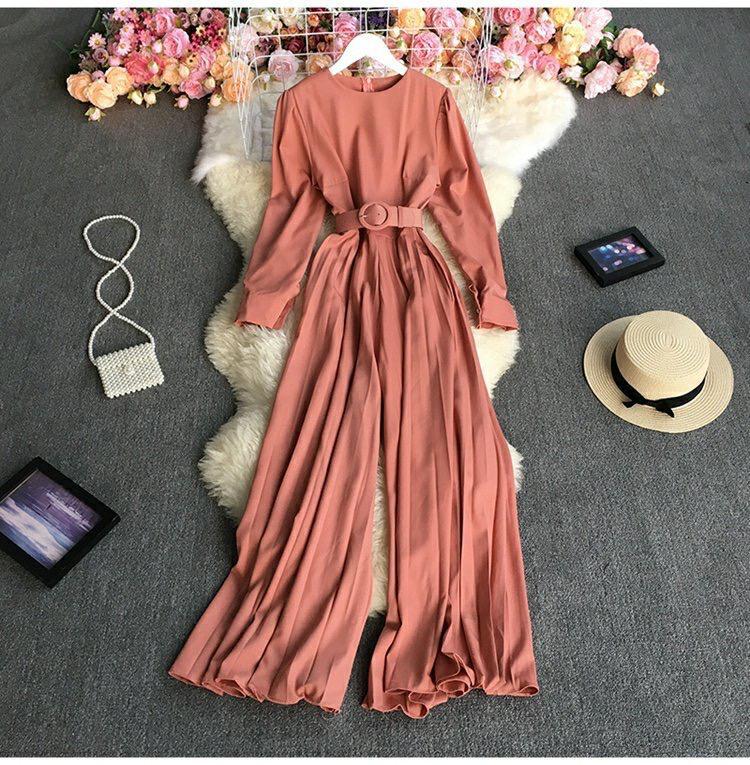 Pleated Solid Color Round Neck Long Sleeves Wide Leg Jumpsuit With Belt