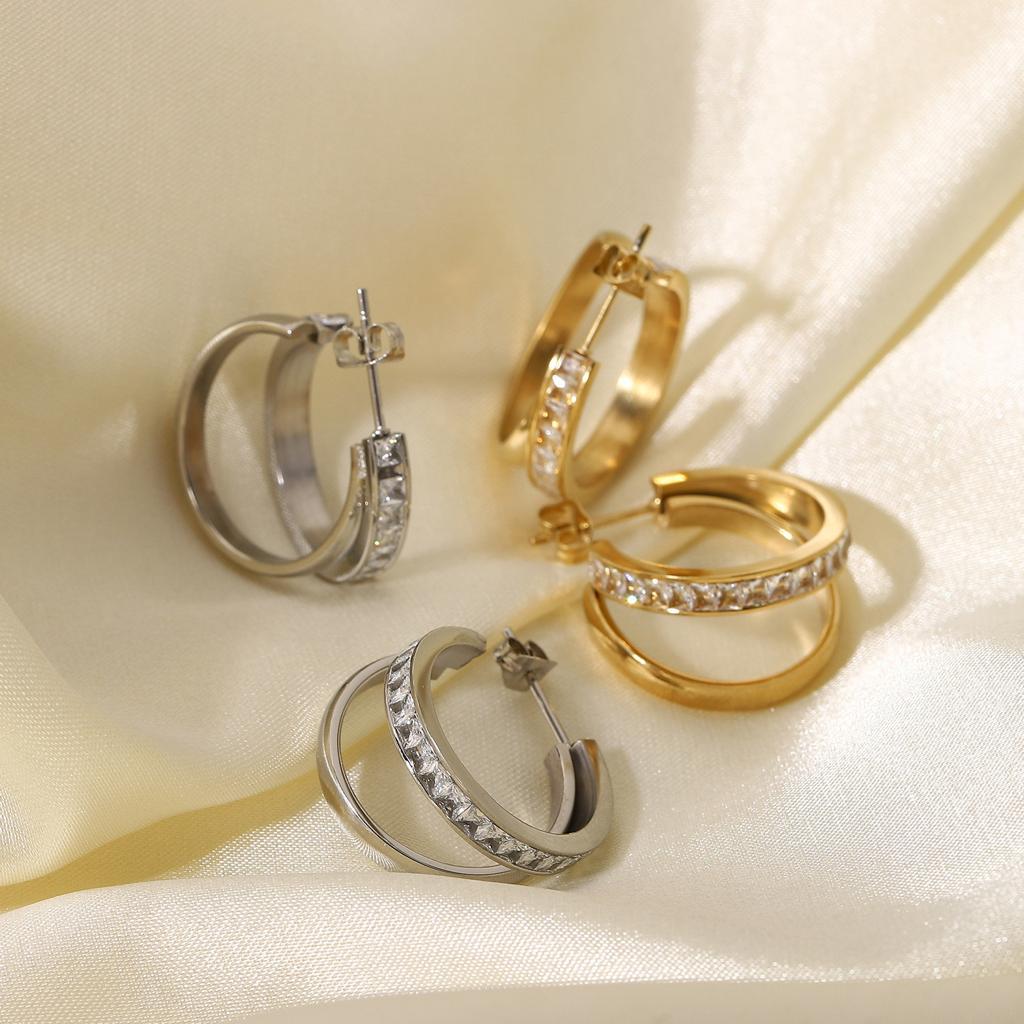 Simple Gold-plated Double Layer Cross Stainless Steel Ear Stud