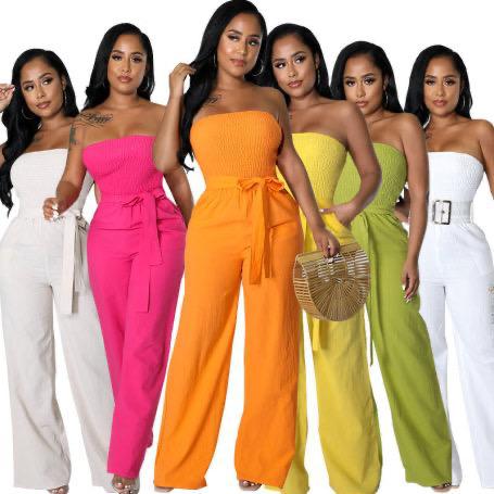 Solid Color Tube Top With Waist Belt Wide Leg Jumpsuit