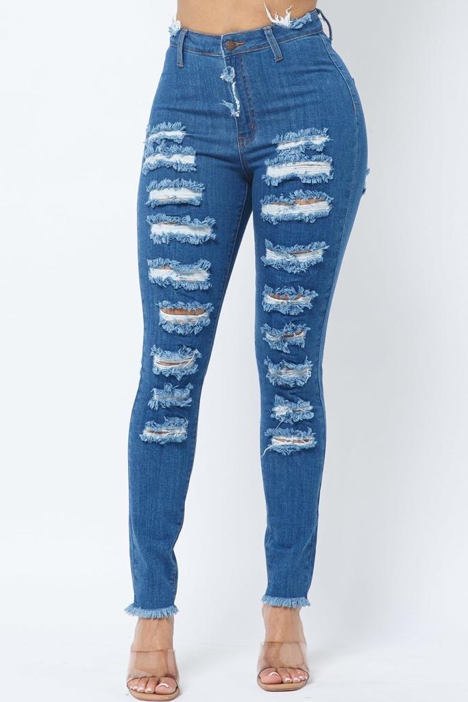 Elastic Ripped High Waist Raw Edge Slim Jeans