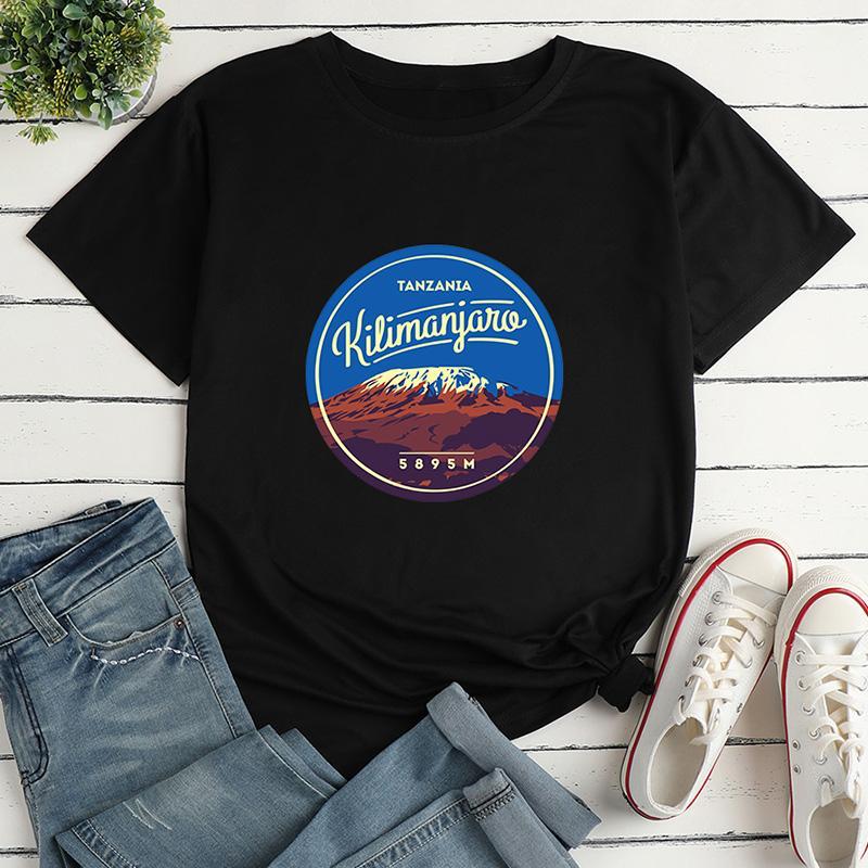 Short Sleeve Loose Round Landscape Letter Print T-Shirt