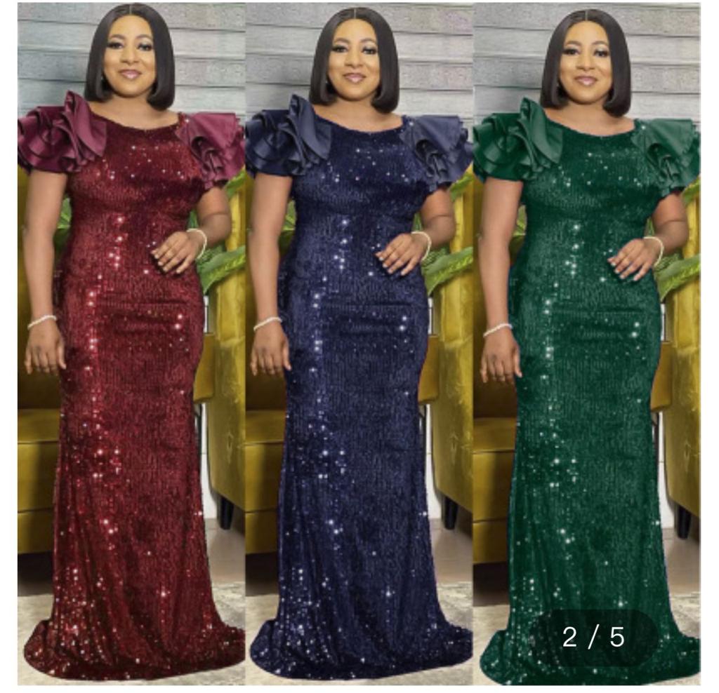 Plus Size Sequin Trailing Round Neck Ruffle Slim Solid Color Commuting Haute Couture Evening Dress