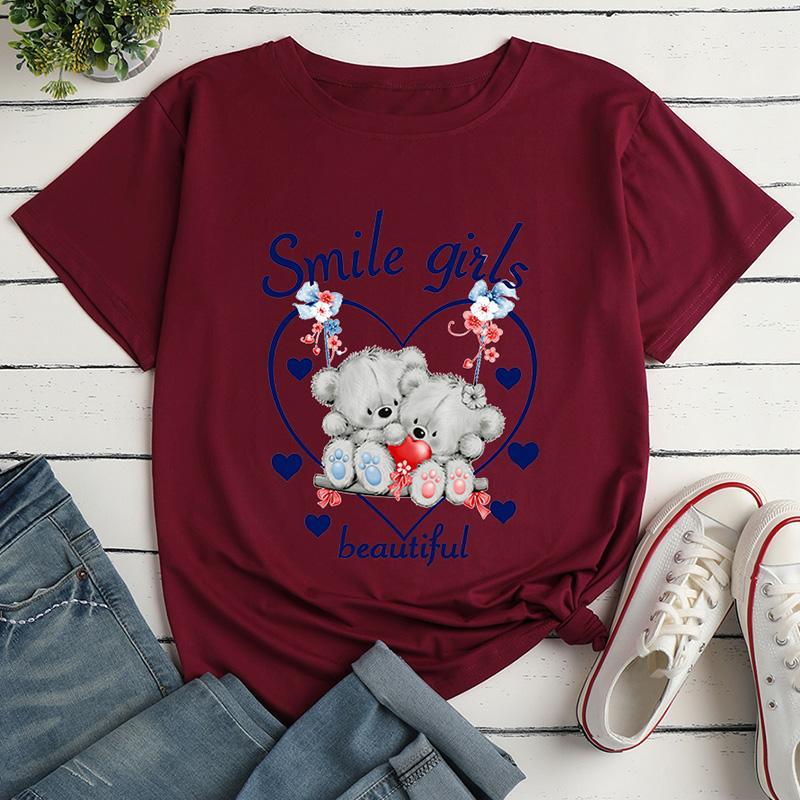 Heart Shaped Cartoon Bear Personality Print Short-sleeved Loose T-Shirt