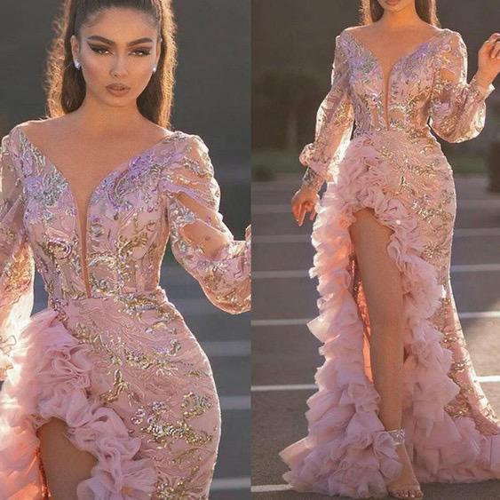 Fashion Sexy Hips Trailing Sequins Pink Long Mesh Evening Dress