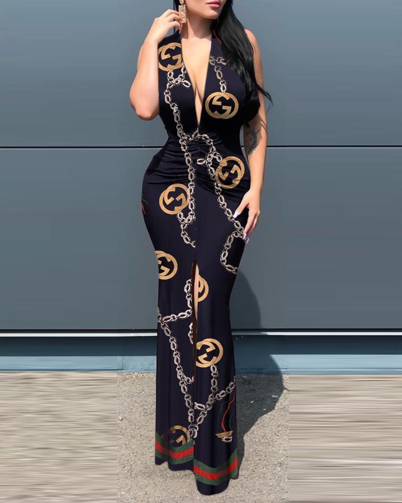 Printed Sleeveless V-neck Stitching Slit Tight Dress