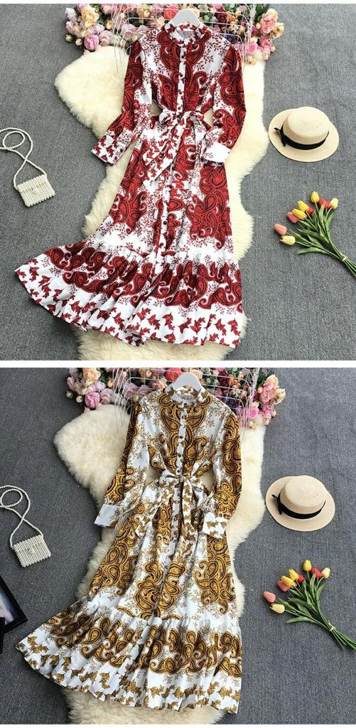 Retro Long-sleeved Large Swing Lace-up Dress