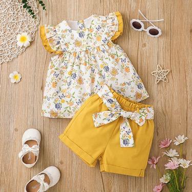 Girls Printing Flying Sleeve Top And shorts Summer Dress Two-Piece Set