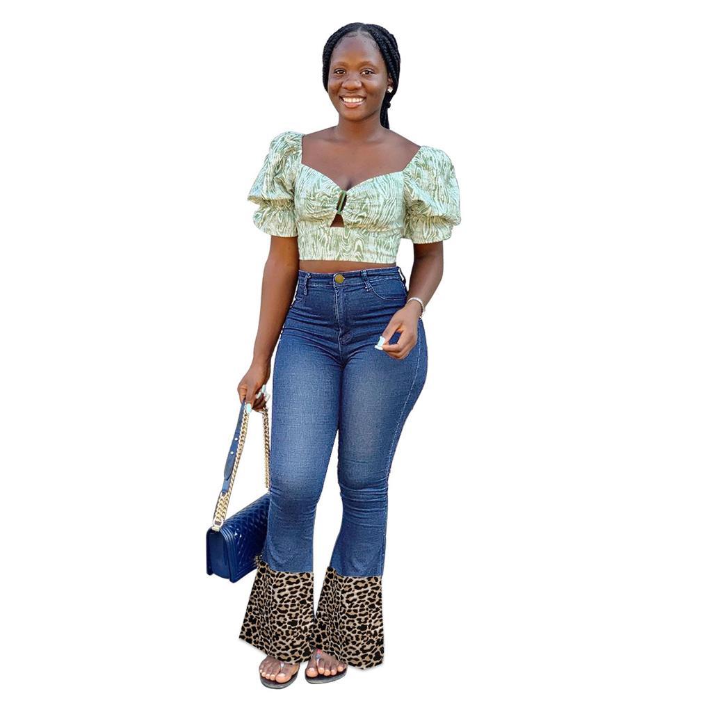 Plus Size High Waist Leopard Print Stitching Flared Jeans