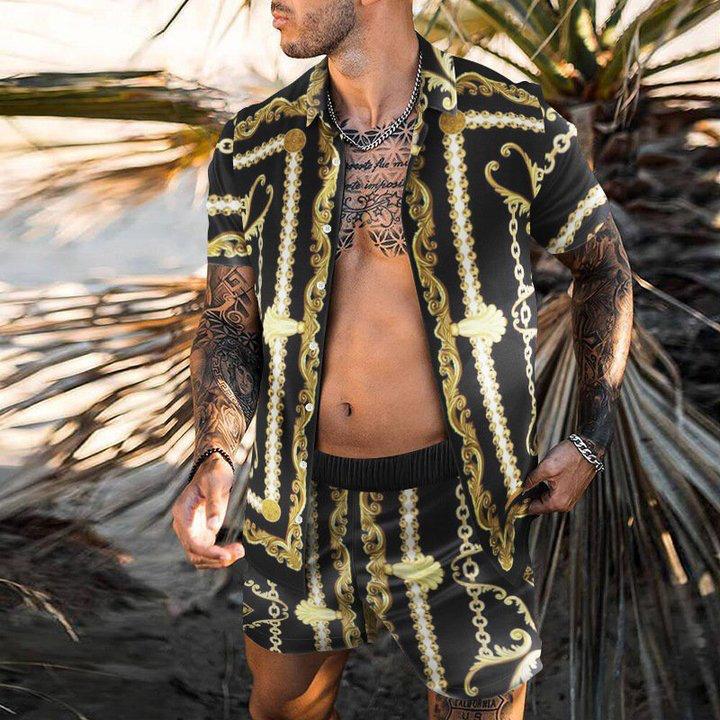 Beach Men's Casual Printed Shorts Shirt Set