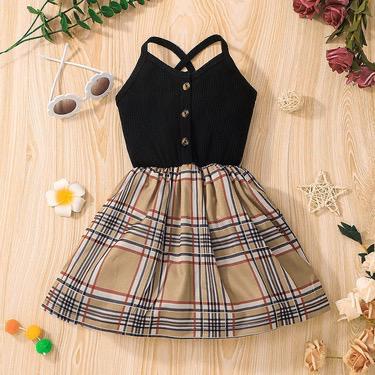 Girls summer new suspenders European and American children's plaid dress