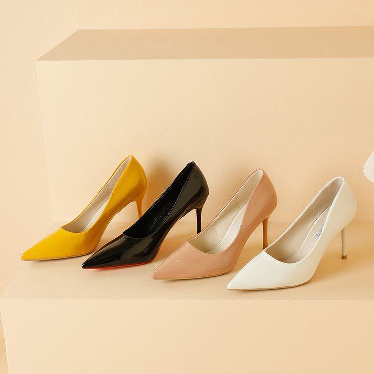 Shallow Mouth Pointed Solid Color Patent Leather Stiletto Shoes