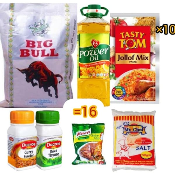 Big Bull Rice 10kg Tasty Tom Tomato Jollof, Mamador Vegetable Oil, Knorr Chicken, Curry, Thyme & Salt