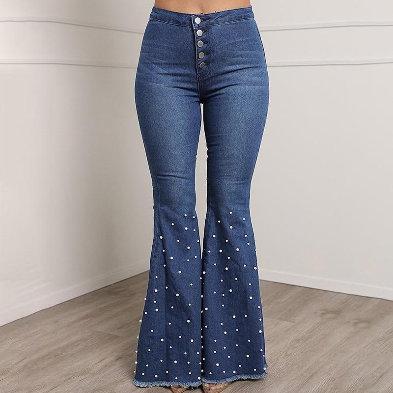 High Waist Stretch Beaded Flared Jeans