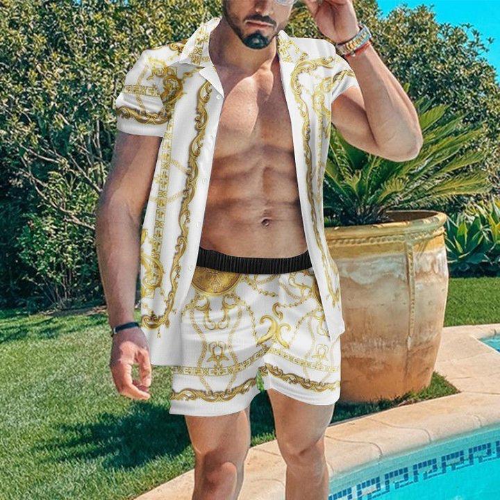Beach Men's Casual Printed Shorts Shirt Set