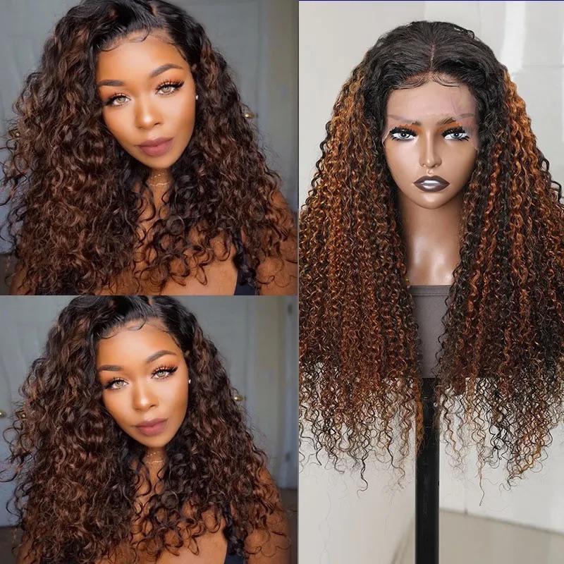 Caramel Balayage Curly Human Hair Lace Front Wigs