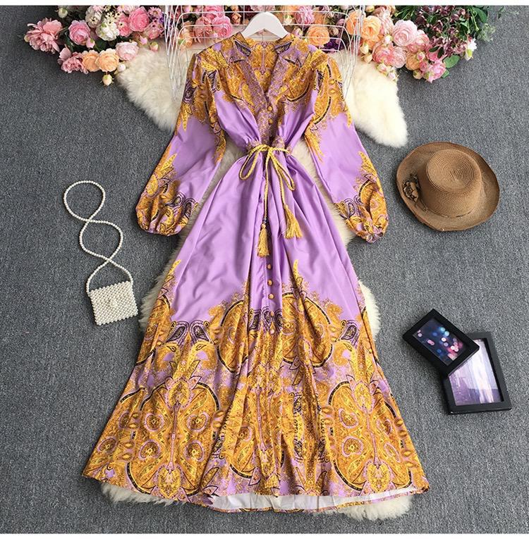 Single-Breasted V-neck Slim Large Swing Lace-up Dress