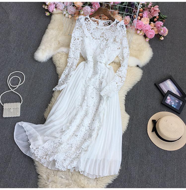 Chiffon Lace Pleated Long Sleeve Large Swing Ruffle Dress