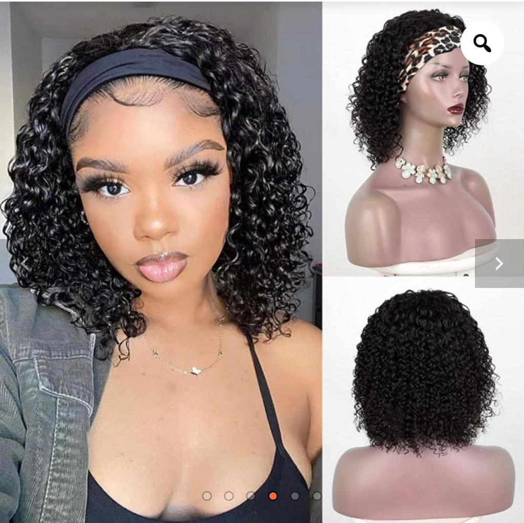 Short Curly Black Wig Headband Human Hair Wig 180% Density 10-14 Inch