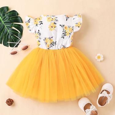 2022 new girl's European and American mesh skirt print flying sleeve dress