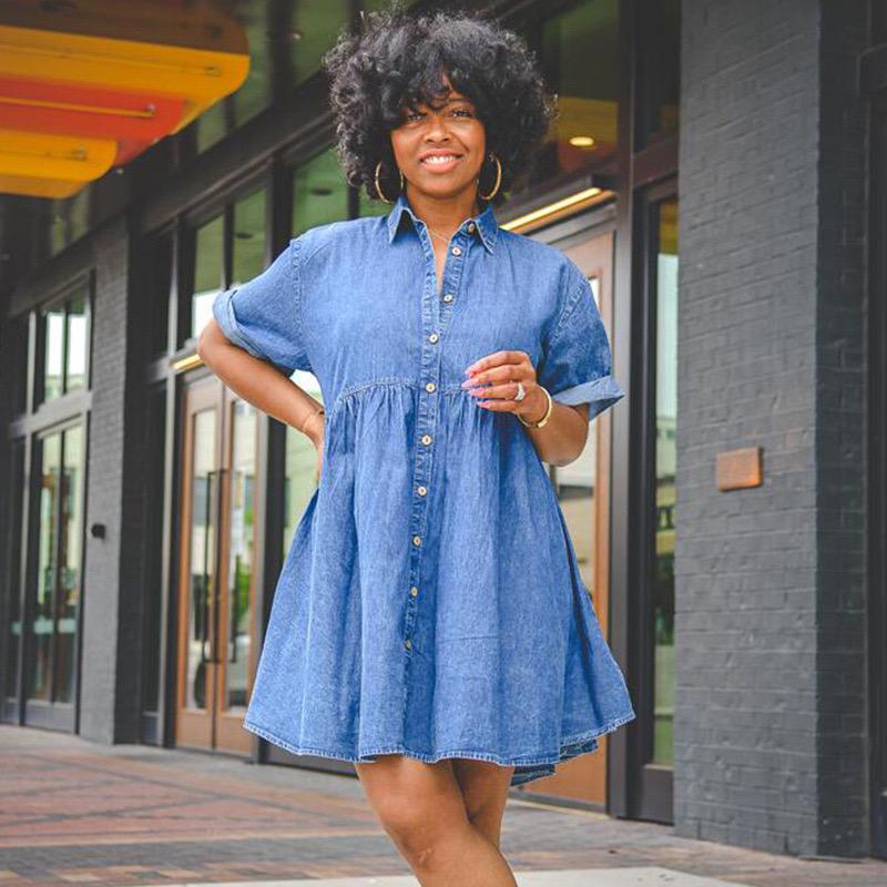 Short-sleeved Slim Lapel Breasted Denim Dress