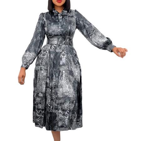 Long Sleeve High Waist Printed Dress With Belt