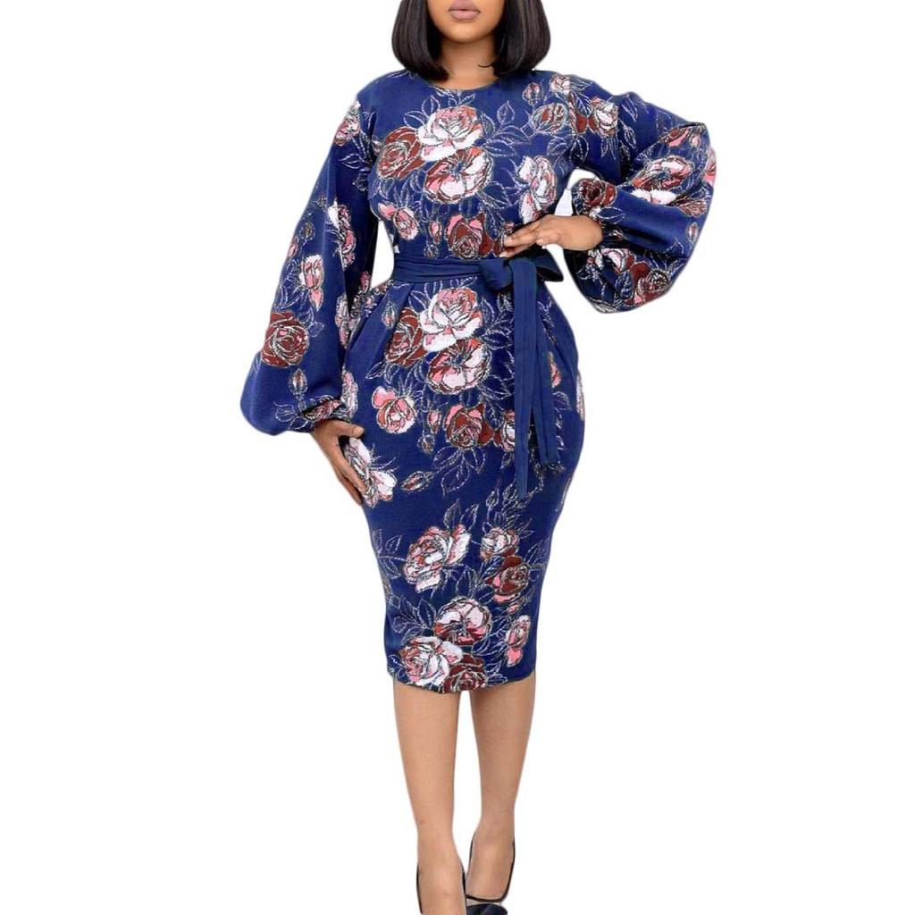 Round Neck Print Puff Sleeve Tie Work Dress