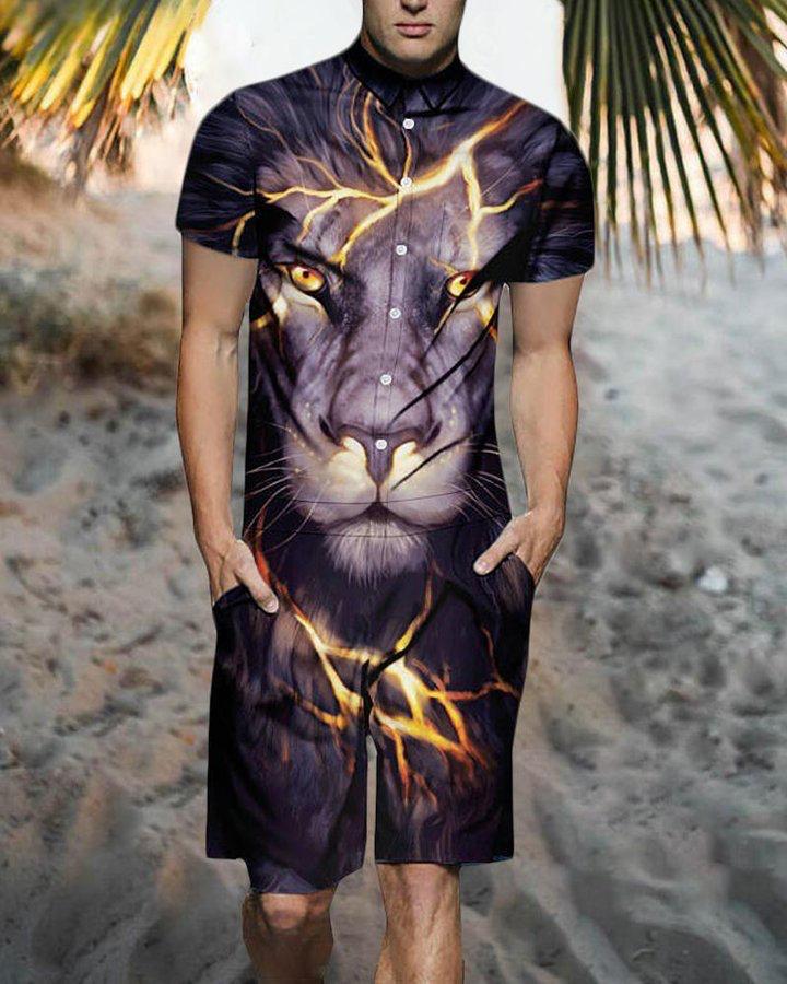 Beach Men's Casual Printed Shorts Shirt Set