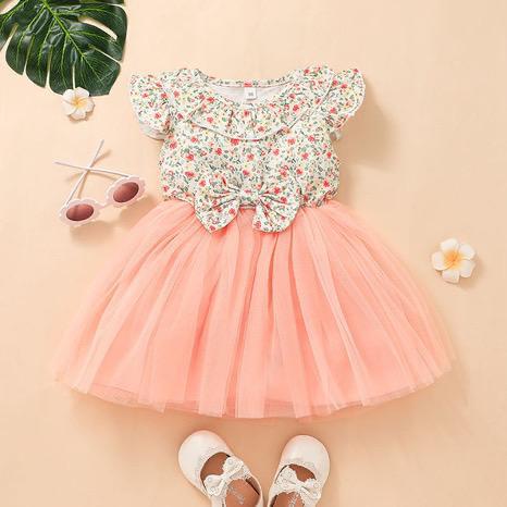 Girls flying sleeves stitching floral skirt children's baby European and American mesh skirt