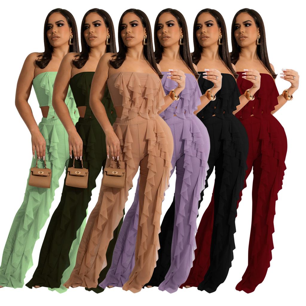 Summer Solid Color Tube Top Ruffled Vest And Pants Two-piece Set NSMYF118591