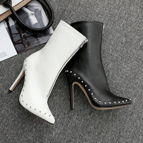 Pointed Rivet Black And White Women S Boots Knight Boots
