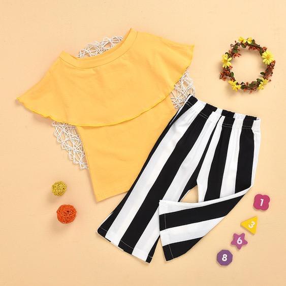 Children's Clothing Summer Big Ruffle Collar Tops Striped Trousers Suits
