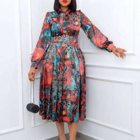 Long Sleeve High Waist Printed Dress With Belt