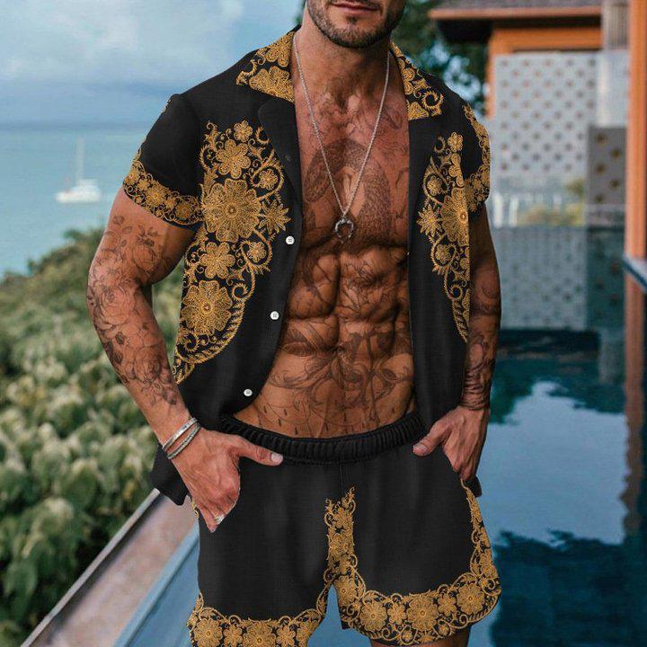 Beach Men's Casual Printed Shorts Shirt Set
