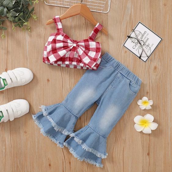 Fashion Children's Clothing Plaid Suspender Top Denim Flared Pants Two-piece Set
